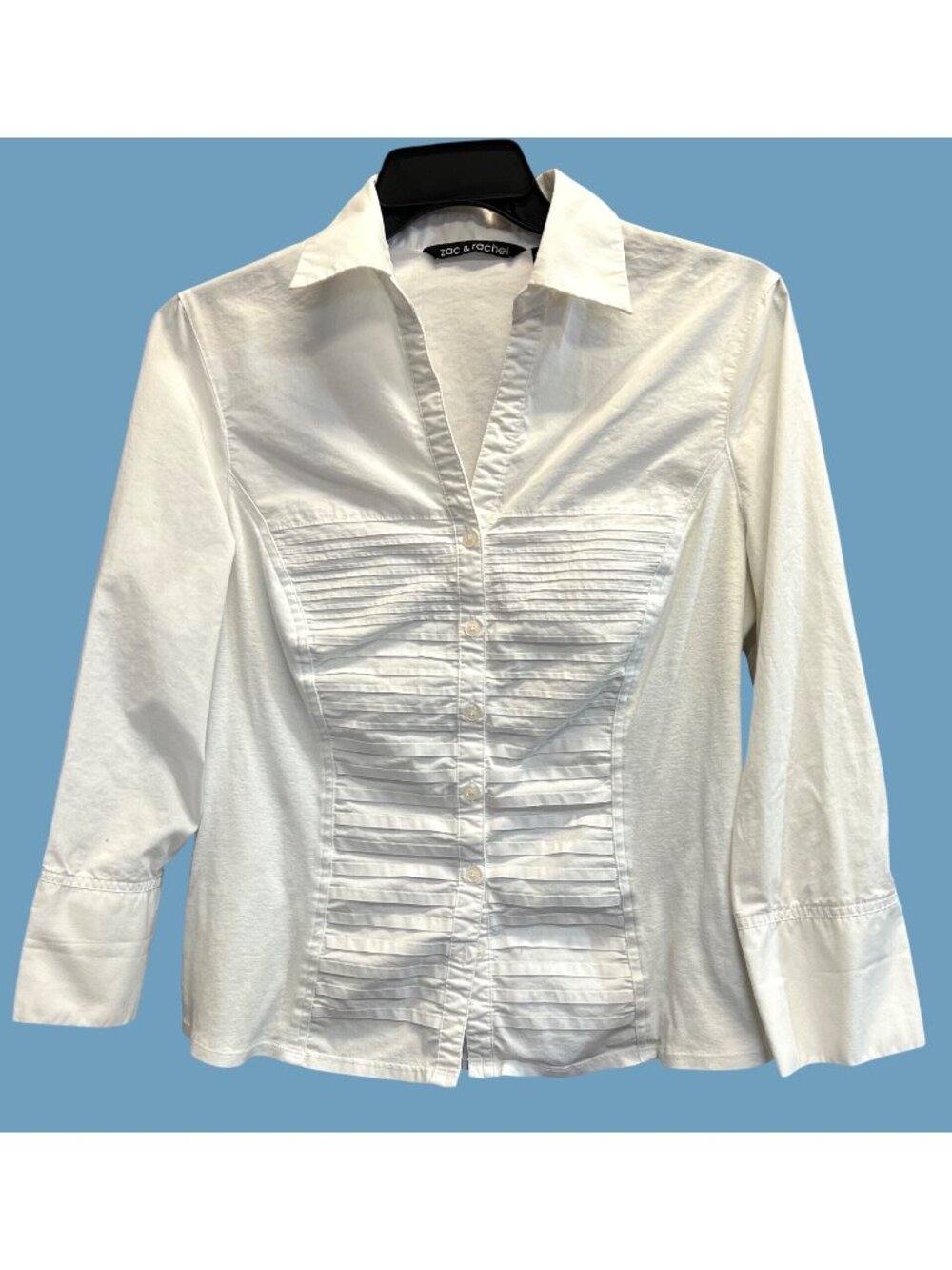 Zac & Rachel Collared V Neck White Buttons Ribbed Front Design Blouse Shirt XL